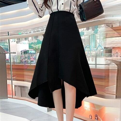 Spring 2021 new high waist mid-length over-the-knee black skirt irregular a-line slim skirt