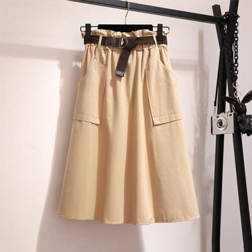Midi Knee Length Summer Skirt Women With Belt 2021 Spring Casual Cotton Solid High Waist Sun School Skirt Female