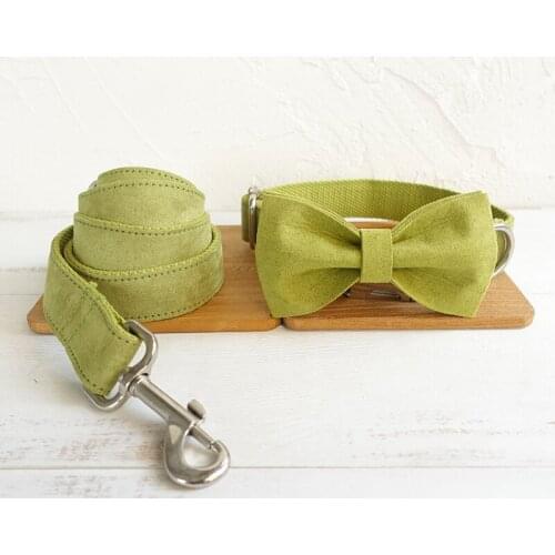 Green dog collar and leash set with bow tie for big and small dog cotton fabric collar metal buckle