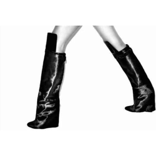 Top Quality Horse Hair Leather Shark Lock Fold Over Wedge Boots Designer Knee High Women Winter Boots Size 34-42 Free Ship