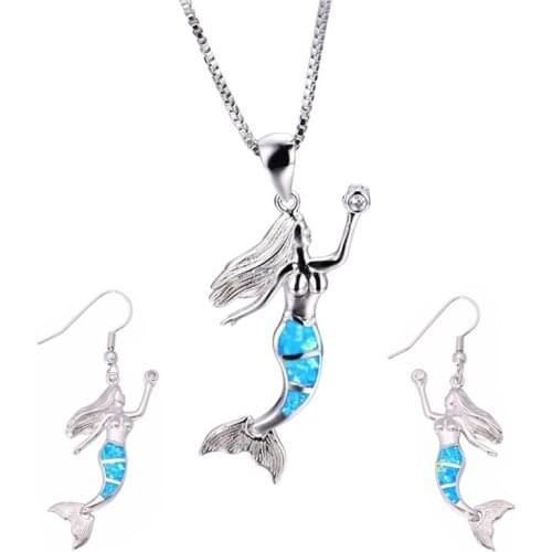 Trend Exquisite Mermaid Design Necklace Earrings jewelry set Trendy women Fire Opal Pendant Necklace for girl friend best gift