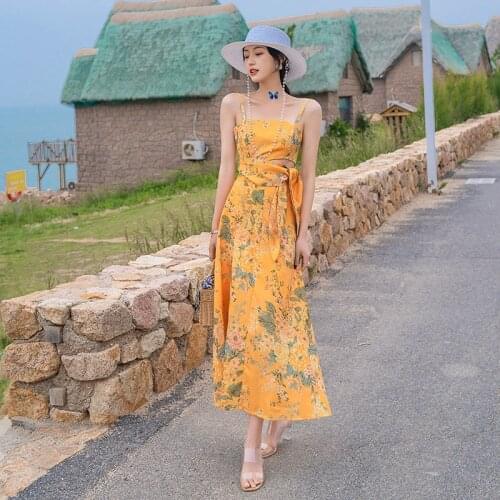 Women Long Floral Yellow Slip Dress Summer 2021 Runway Backless Boho Vintage Korean Fairy Casual Beach Vacation Party Dresses