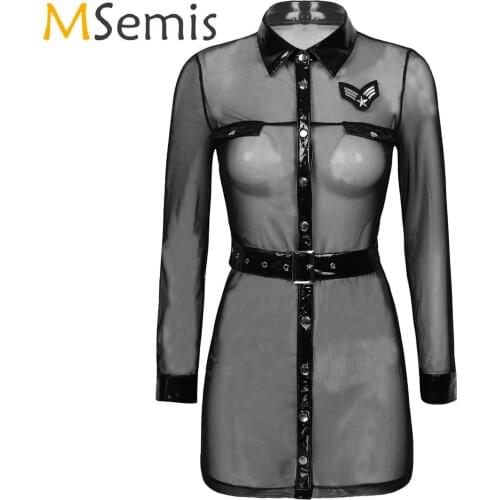 Womens Lingerie Mini Dress Blouse with Belt See-through Mesh Police Shirt Sexy Role Play Costume Patent Leather Night Club Dress