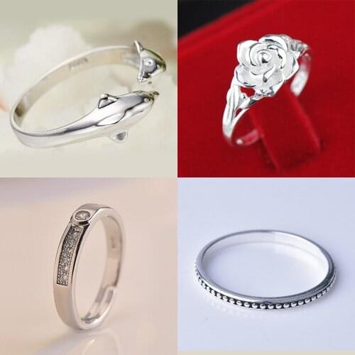 925 Sterling Silver Pin Spot Thread Flower Dolphin Style Temperament Ring with Adjustable Opening