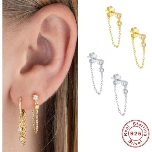 AIDE Chain Stud Earrings Personality 925 Sterling Silver Back Hanging Stud Earings Korean Chain Dangle Brincos boucle d'oreille