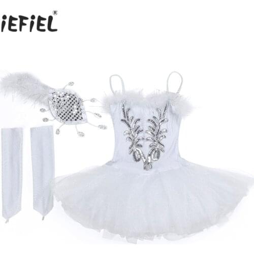 New Swan Girls Tutu Ballet Dress Spaghetti Straps Sequins Ballerina Ballet Dance Dress Gymnastics Leotard with Gloves Hair Clip