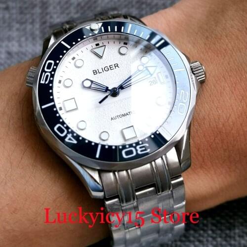 BLIGER Business White Date 21 jewels MIYOTA 8215 Unidirectional Bezel Flat Sapphire Crystal Screw Crown Mental Back