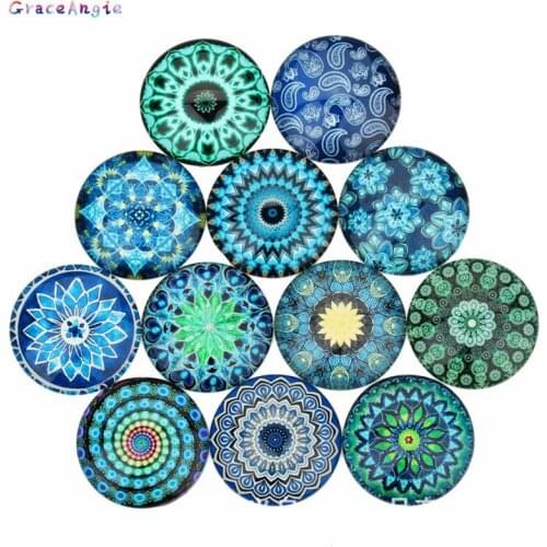 10pcs MIx Blue Bohemia Cabochon 10-25mmEarrings DIY Bracelet Charms Cameo Vintage Glass Jewelry Accessories Flower Pattern Photo