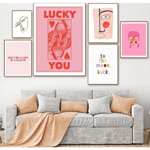Canvas Painting Nordic Abstract Poster Line Face Wall Art Pink Letter Lucky You Cards Pictures For Living Room Modern Decor