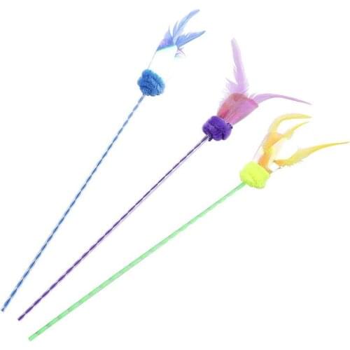 Cat Wand Toy Colorful Faux Feather Toy Sequins Pom Pom Ball Funny Cat Toy Wand Kitten Teaser Wand Interactive Toys