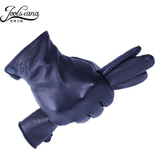 Joolscana leather gloves men winter gloves black motorcycle fashion new brand goatskin warm lining high quality 2018