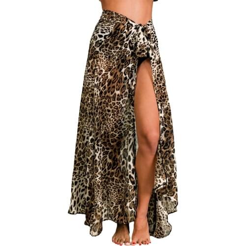 Summer Sexy Bikini Cover Ups Women’s Lace Up Maxi Skirts Fashion Leopard/Leaves Printed Bandage High-waist Beach Long Skirt
