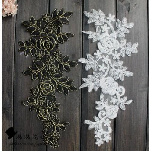 Hot Sale 3 Pairs/6 Pieces 38cm*18cm Lace Trim Dress DIY Lace Accessories Black Gold Embroidered Lace Applique