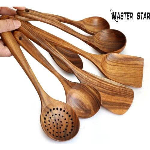 Master Star Teak Woodware Traditional Solid Wooden Cooking Stirring Spoon Spatula Kitchen Tools 7pcs/Set