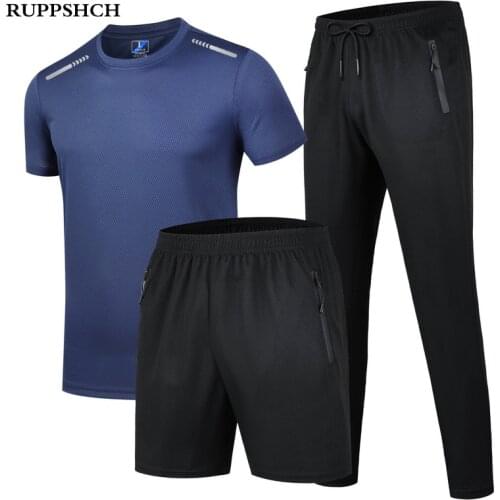 2021 Summer New Men Sports Three Piece Men Short Sleeved Ice silk T-shirt Quick Drying Shorts Trousers Casual Sports Suit