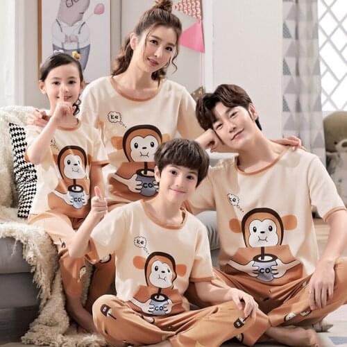 2021 New Cute Cartoon Parent-Child Pajamas For Boys Girls Children Pure Cotton Spring Summer Home Wear Long Pants Kids Clothes