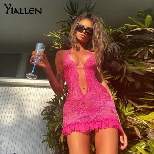 Yiallen Autumn Solid Sexy Lace See through Dress Women Slim Halter V Neck Full Sleeve Hollow Out Fashion Street Mini Dresses Hot