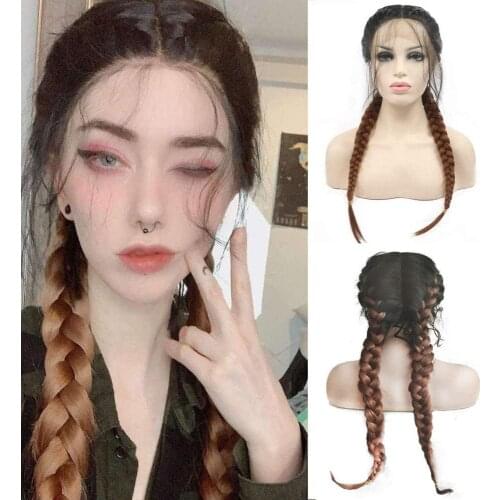 24inches Double Braids Lace Front Wigs for Women Black Brown Ombre Synthetic Hair Wig with Baby Hairs Natural Looking Braiding