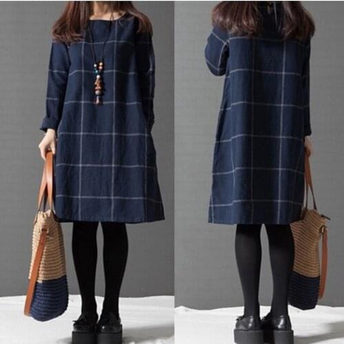 Winter Dress 2020 Autumn Women Long Sleeve Cotton Linen Knee-length Casual Plaid Shirt Vestidos Robe Mujer Plus Size 3XL