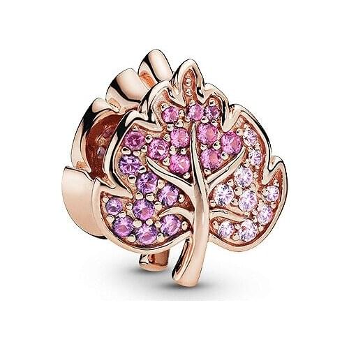 5PCS Rose Gold Double Crystal Tree Pendant Maple Leaf Leaves Big Hole Bead Fit DIY Original Bracelet Charm For Making Jewelry