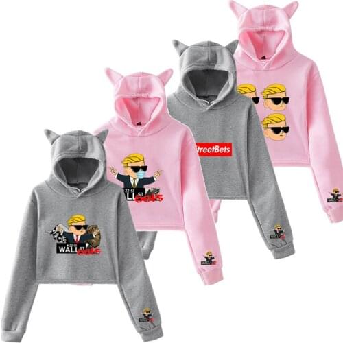 Gray Gamestop Sweatshirt Female Pink Wallstreetbets Hoodies Women Trend Cat Crop Top Hoodie Cat Ear WSB Oversized Streetwear
