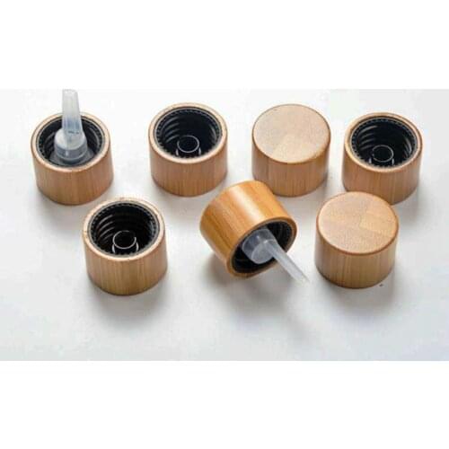 30pcs Bamboo Products Cosmetic Cap 18mm Neck Glass Essential Oil Bottles Bamboo Cover 18/410 Plastic Spiral Drops of plug lid