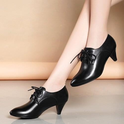 Spring Autumn high grade soft PU Leather Thick High Heel Shoes Winter boots Women Fashion Lace-Up Lace Patent Pointed Toe Pumps