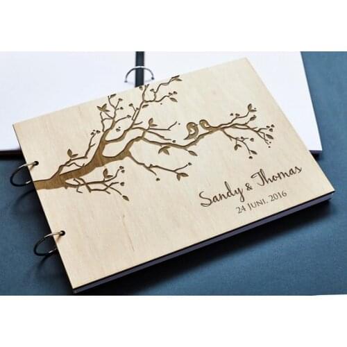 Engraved Wedding Guest Book Alternative Wood,Rustic Custom Initials Wedding Guestbook,Birds on Tree Personalized Name Date Album