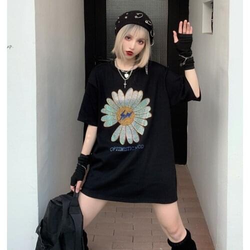 Daisy Flower Drilling T-shirt Women Long Sleeve Dress Black Loose T Shirt Dress Casual Summer Tops 2020