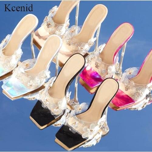 Kcenid 2020 New crystal flowers summer slippers PVC transparent thin heels shoes women clear slides high heels sandals shoes