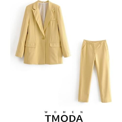 TMODA623 Autumn Suit Women Single Button Office lady Blazer Jacket Coat + Zip Trouser Blue Pink Pants 2 Piece Set Female Outwear