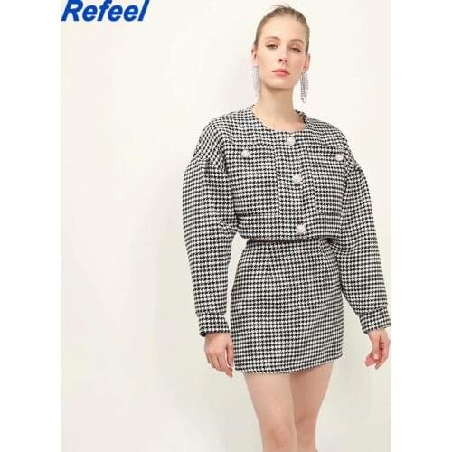 2021 Women Vintage Pearl Button Check Gingham Plaid Tweed Blazer Female High Waist A-Line Mini Short Skirts Suit 2 Set
