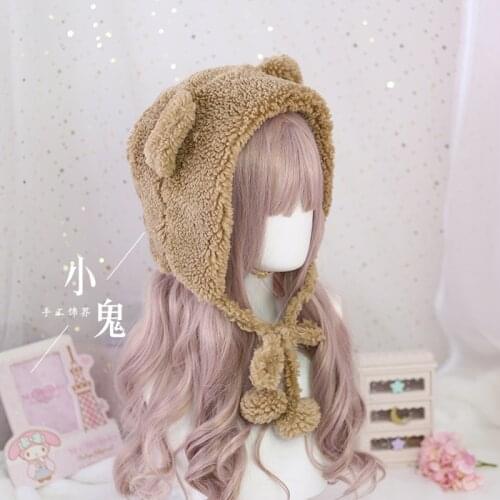 Winter Japanese Bear Ears Hat Sweet Cute Plush Hat Young Girl Student Kawaii Princess Warm Cap Handwork Headdress Preppy Style