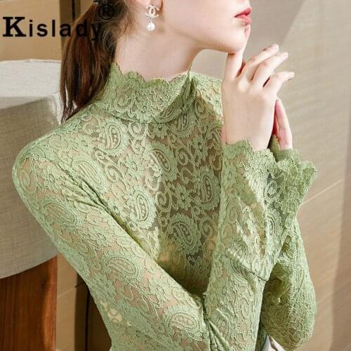 2020 Turtleneck Lace Bottoming Shirt Spring Summer Flare Long Sleeve Blouse Plus Size Hollow Out Gothic Ruffled Korean Clothes