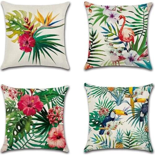 4 Pieces of linen throw pillow pillowcase square tropical rainforest flower plant flamingo decoration 45x45cm