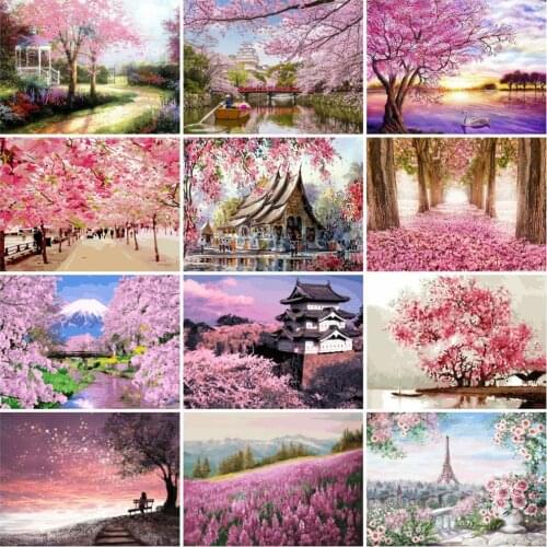 HUACAN 5D Diamond Painting Landscape Diamond Embroidery Cherry Blossom Mosaic Tree Wall Art Home Decoration