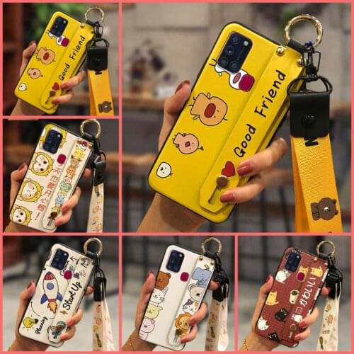 Wristband Cartoon Phone Case For Samsung Galaxy A21S Wrist Strap Original Phone Holder Anti-knock