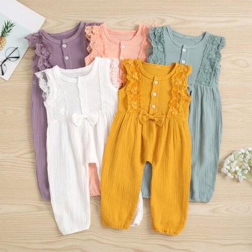 2021 Summer Kids Siamese Trousers Solid Color Lace Trim Henley Neck Sleeveless Jumpsuit for Girls 2-6 Years 5Colors Baby Clothes
