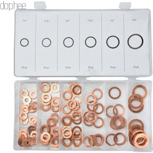 Dophee 110pcs/set 6 Sizes Assorted Solid Copper Crush Washers Seal Flat Ring Set with Case