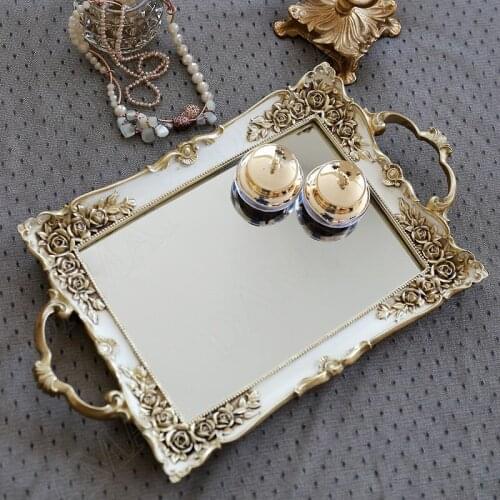 European Resin Storage Tray Border Carving Bedroom Cosmetic Container Mirror Afternoon Tea Cake Organizer Retro Home Decoration