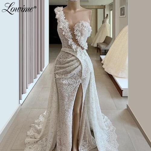 Ivory Lace Mermaid Arabic Moroccan Evening Dresses One Shoulder Women Dubai Caftans Formal Gowns 2020 Custom Applique Party Gown