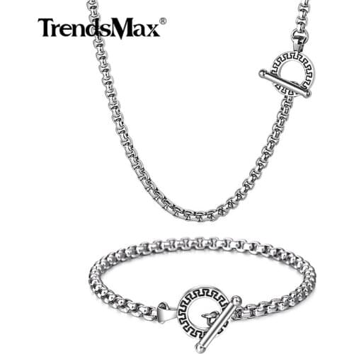 Trendsmax Jewelry Sets Necklace Bracelet Silver Color Box Link Stainless Steel Chain For Mens Party Jewelry Gift 2019