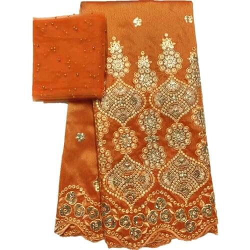 Orange george fabric embroidered raw silk George wrappers with tulle lace sets George Lace with sequins for wedding dress