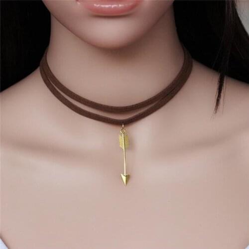 New Fashion Gold Arrow Pendant Necklaces Vintage Double Layer Black Brown Velvet Chain Choker Necklace For Women Jewelry Gifts