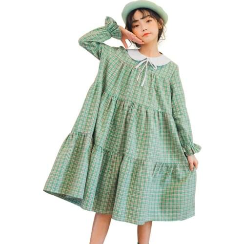 2021 Spring Teen Girls Doll Collar Ruffle Hem Plaid Dress Kids Maxi Dresses Korean Loose Party Frocks Cotton Children Clothing