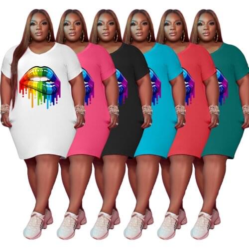 Plus Size Womens Clothing Wholesale Dropshipping Fashion Round Neck Personality Lip Printing Solid Color Low Waist Pencil Dress