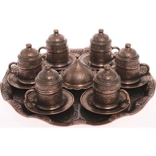 Handmade authentic Design Turkish Greek Arabic Coffee Espresso Set for 6 Service, Cups Saucers Lids Tray Delight Candy Dish GIFT