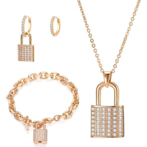 Luxury Small CZ Lock Jewelry Set Cubic Zirconia Pendant Choker Necklace Gold Color Earrings Bracelets sets For Women Accessories