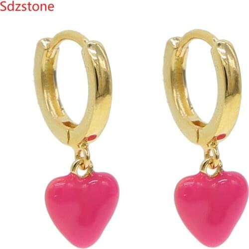 Sdzstone NEW 2020 Valentines Day Girlfriend Gift Sweet Gold Color Enamel Red Pink Heart Dangle Drop Earrings Wholesale