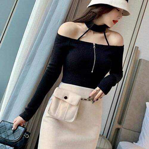 Sexy T Shirt Women Slash Neck Halter Strapless Top Slim Long-sleeved Solid Color Knitted Tshirt Tops